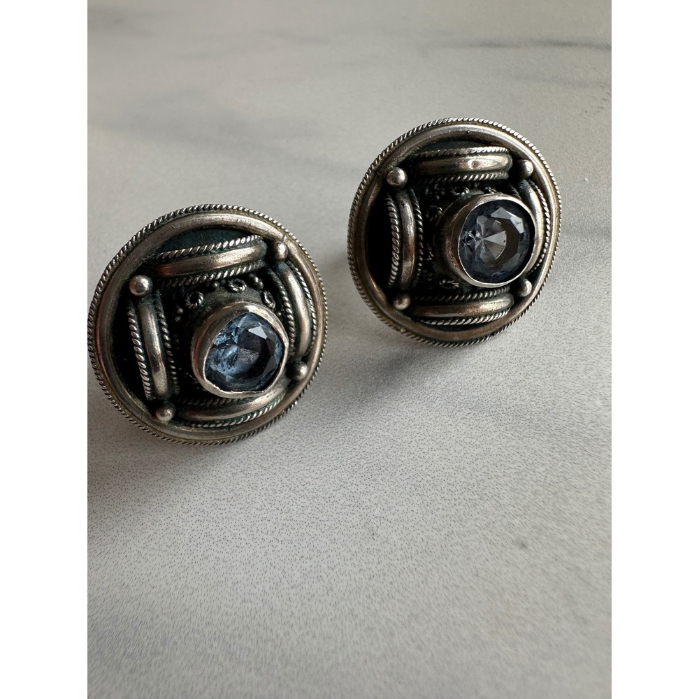 Jerusalem 925 Sterling Silver Blue Stone Yemenite Filigree Clip On Earrings 9.9g